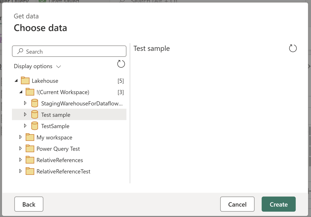 Screenshot of the navigator showing the !(Current Workspace) node for the Fabric Lakeouse connector