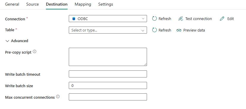 Screenshot showing the Destination tab configuration for ODBC.