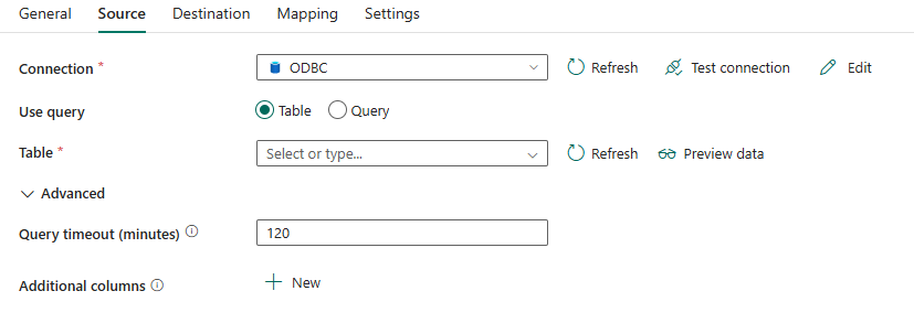 Screenshot showing the Source tab configuration for ODBC.