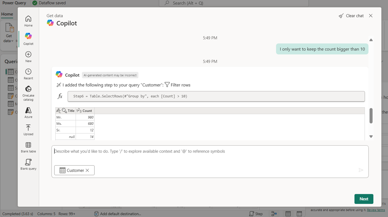 Screenshot of grouping by data using Copilot.