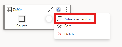 Screenshot of the context menu showing the Advanced editor option for a data destination.