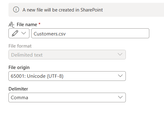 Screenshot of the File destination settings window with the delimited text format selected.