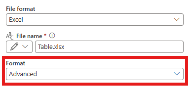Screenshot showing the data destination dialog with Excel file format and Advanced format selected.