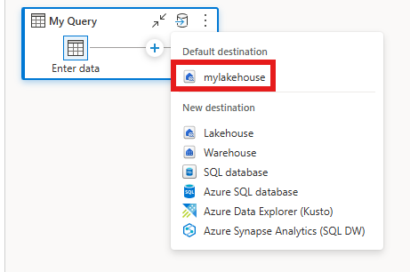 Screenshot of the Dataflow Gen2 editor with the option to bind the default destination in the diagram view.