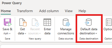 Screenshot of the Dataflow Gen2 editor with the default destination settings in the ribbon.