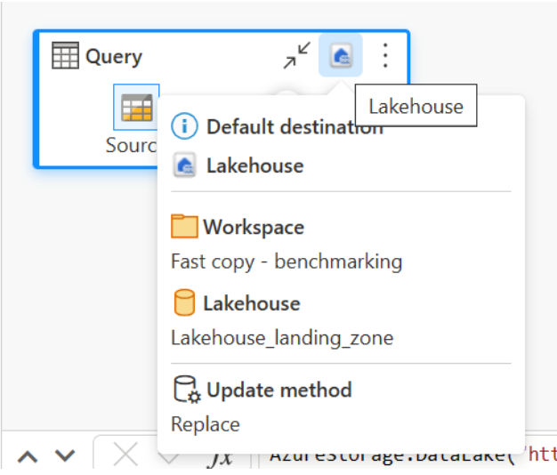 Screenshot of the data destination icon in the Power Query diagram view with the drop-down menu displaying default destination.