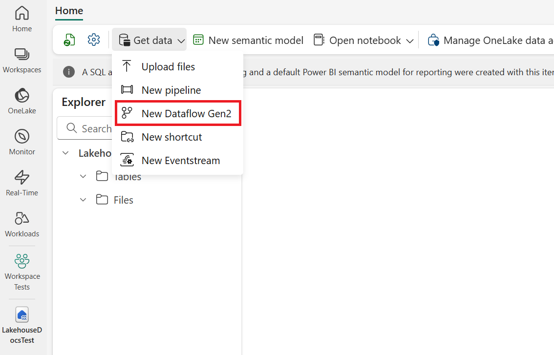 Screenshot of the Warehouse experience with New Dataflow Gen2 emphasized.