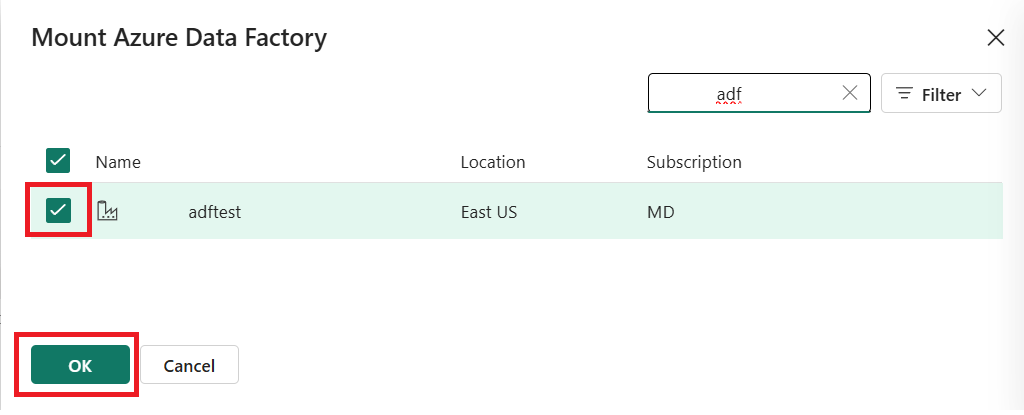 Screenshot of the Azure Data Factory instance selection dialog.