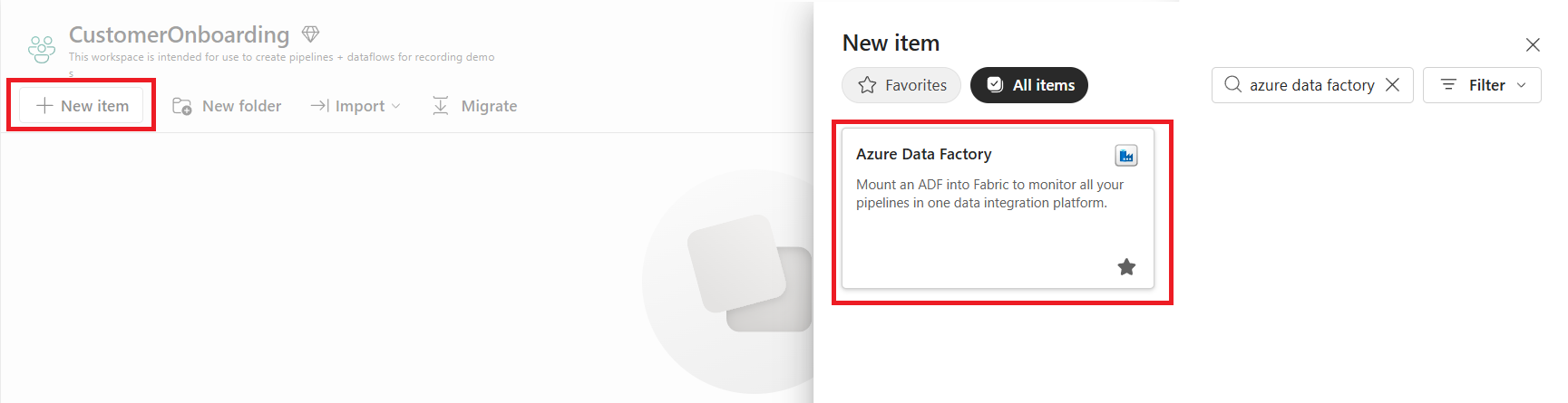 Screenshot of the Microsoft Fabric workspace New item experience showing Azure Data Factory selection.