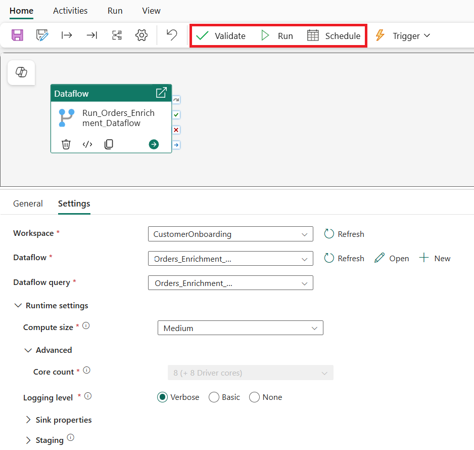 Screenshot of the pipeline run and scheduling options for the migrated pipeline.