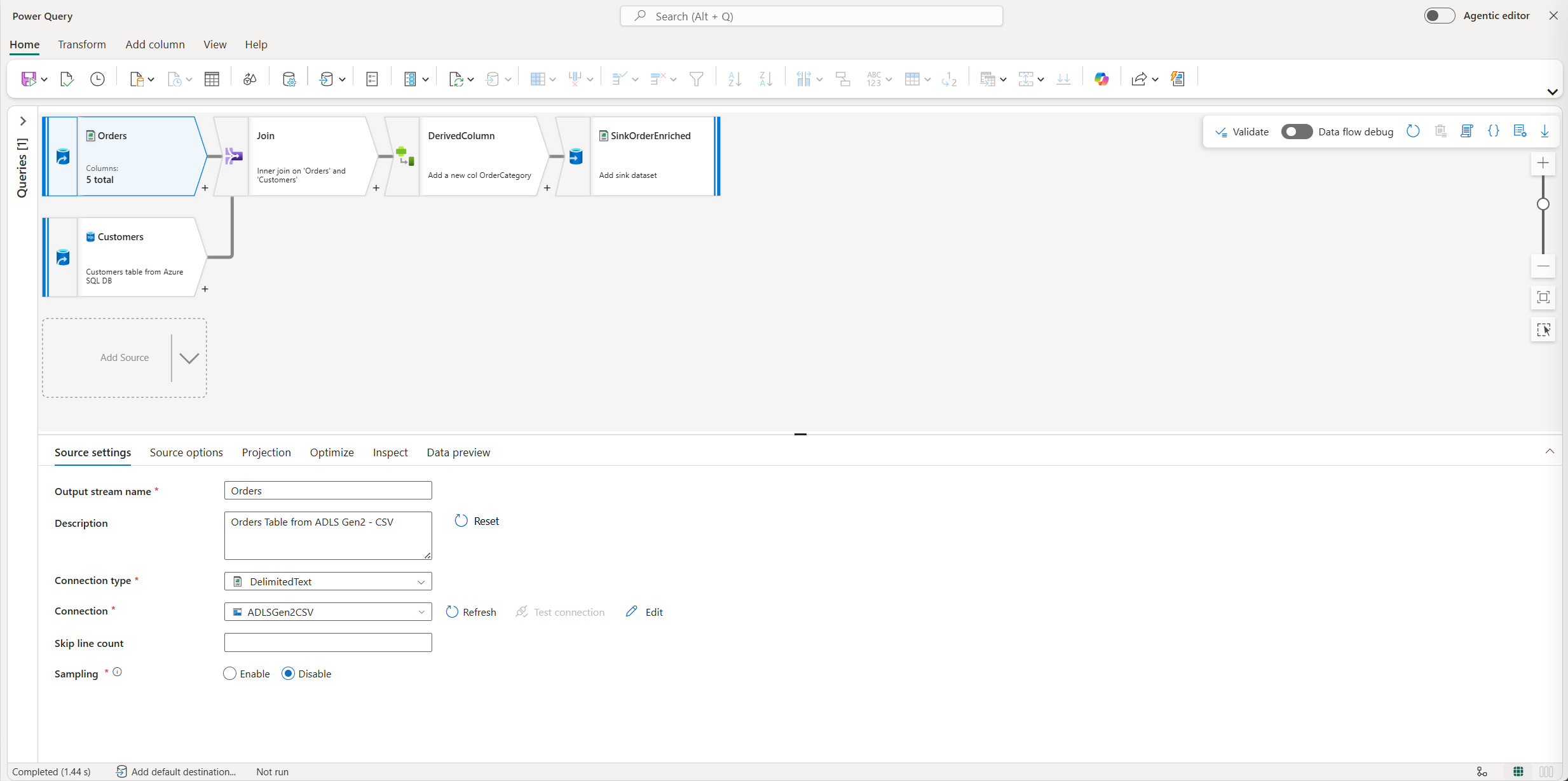 Screenshot of the mapping data flow transform authoring experience showing the migrated transformation graph.