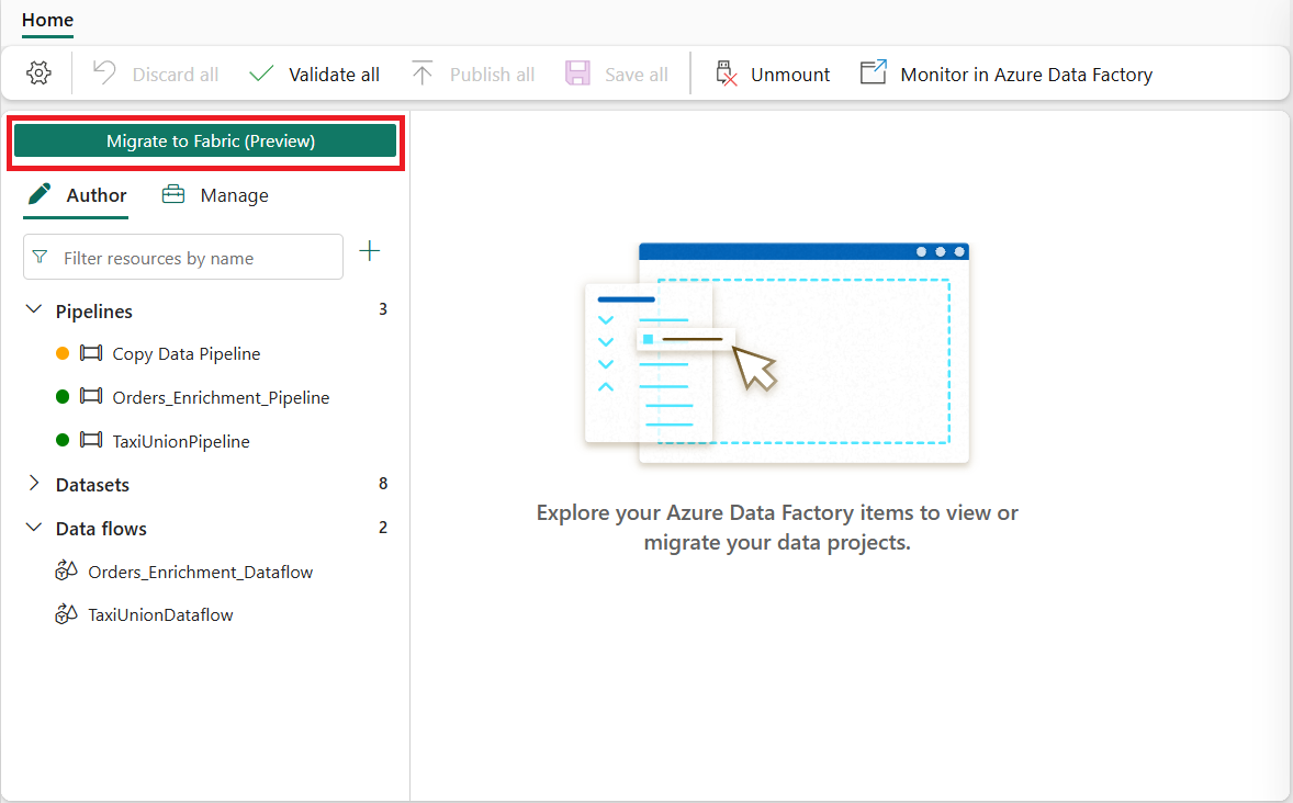 Screenshot of the mounted Azure Data Factory item in Fabric showing the Migrate to Fabric (Preview) option.