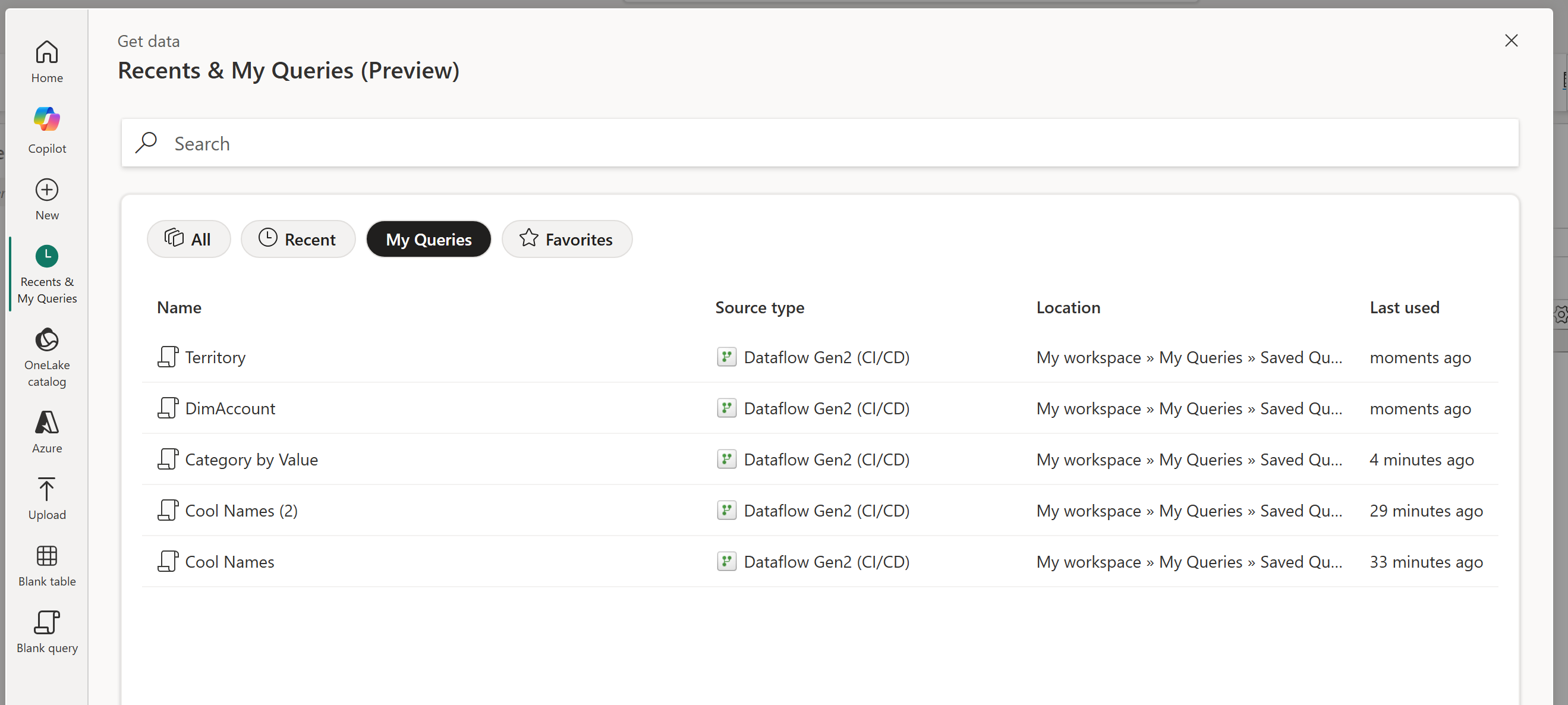 Screenshot of the My queries filter in the Dataflow Gen2 modern Get data experience.