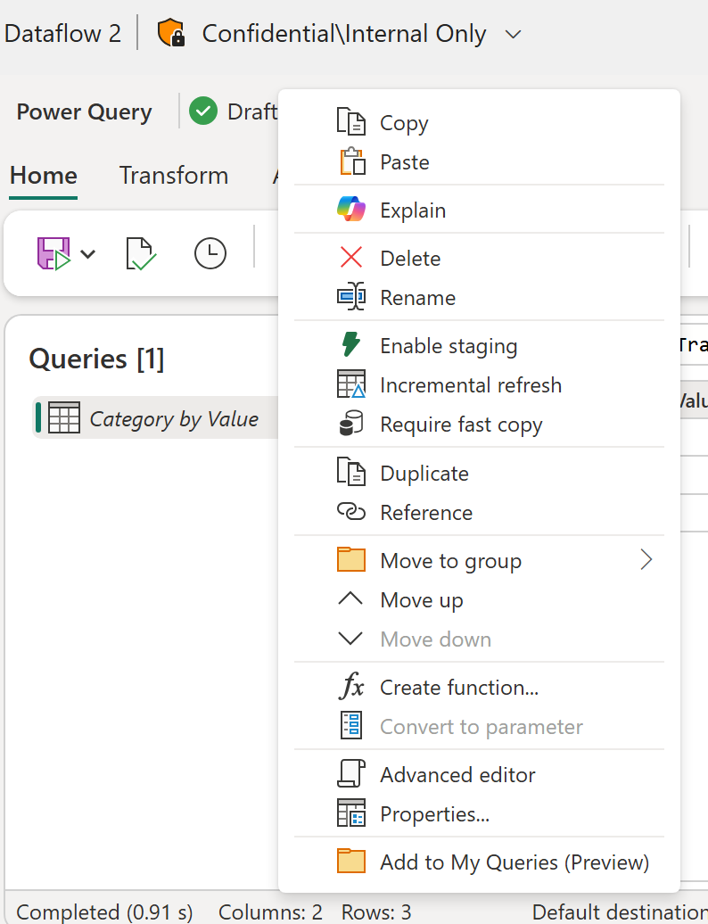 Screenshot of the contextual menu when right-clicking a query that shows the Add to My Queries (Preview) entry.