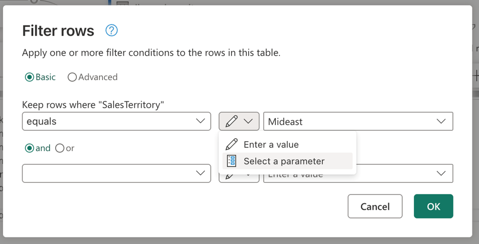Screenshot of the input widget in the filter rows dialog with the option to reference a parameter.