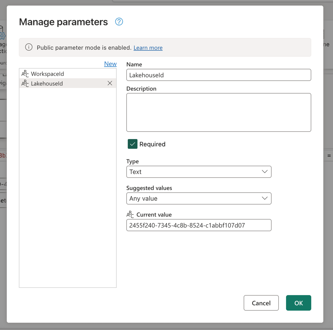Screenshot of the LakehouseId parameter created inside the Manage parameters dialog.