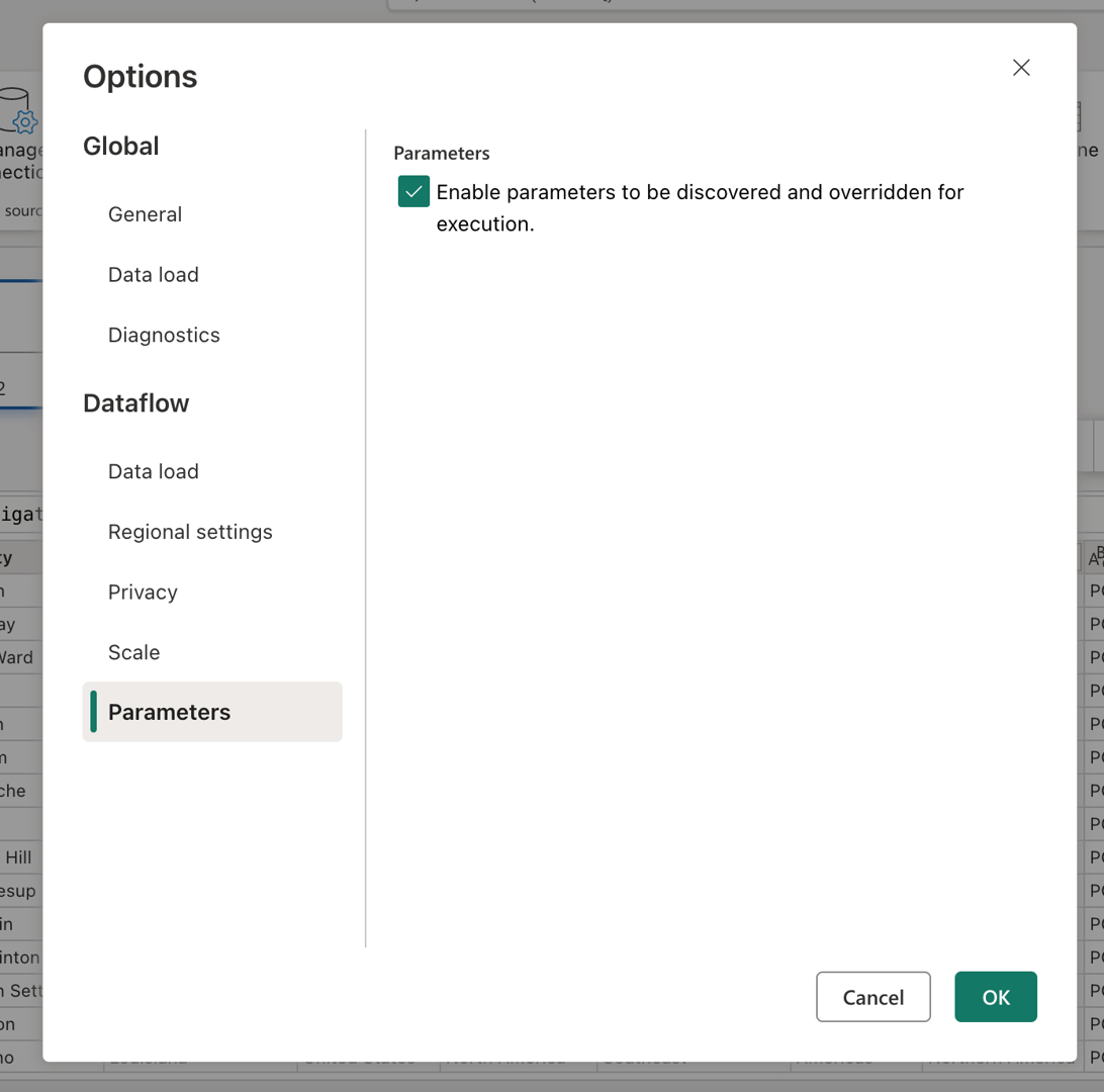 Screenshot of the options dialog in Dataflow Gen2 with the Parameters section showing the "Enable to be discovered and overridden for execution" setting.