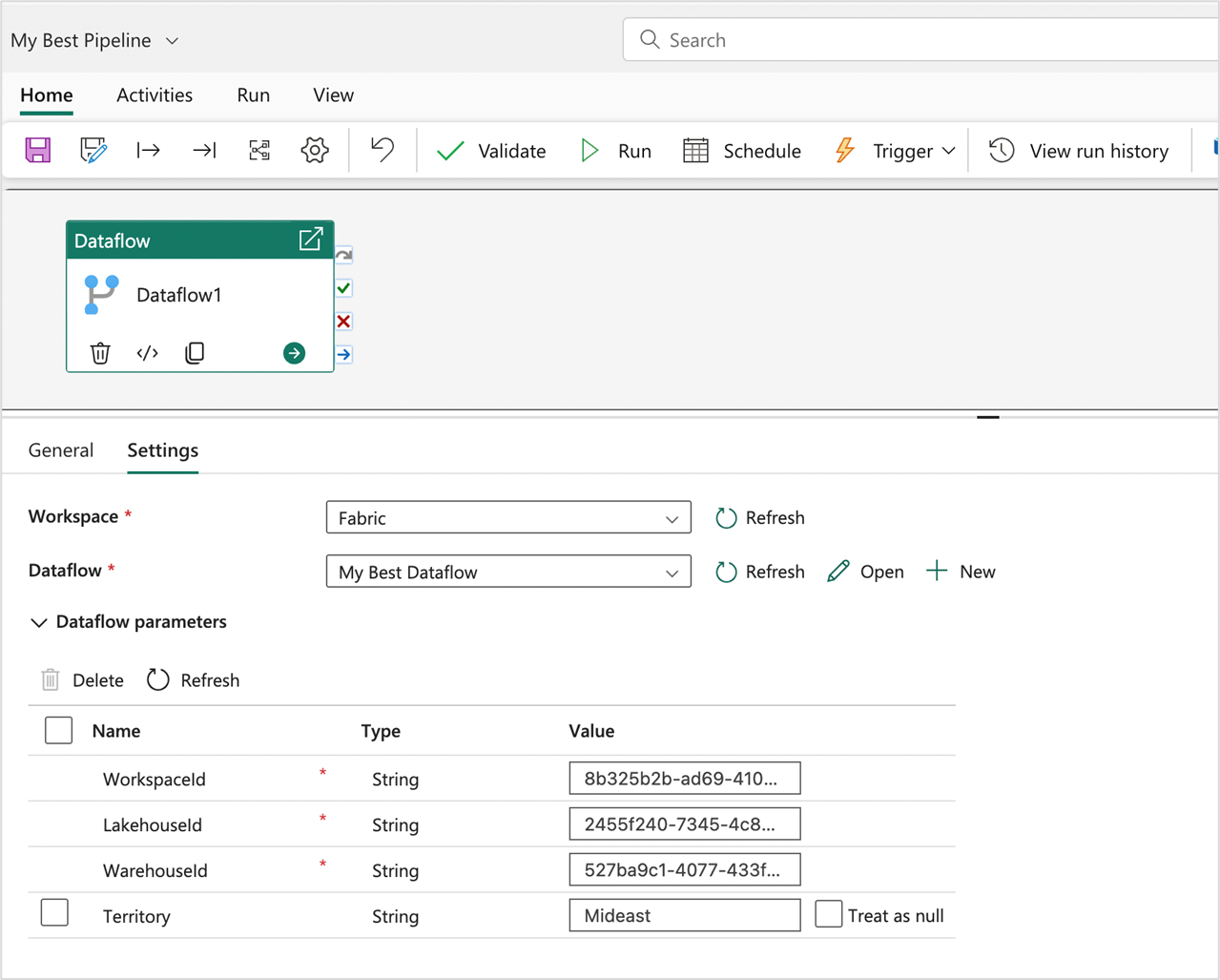 Screenshot of the Dataflow activity with parameters inside a pipeline.