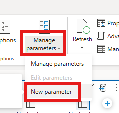 Screenshot of the dataflow editor with the Manage parameters selection and the New parameter option emphasized.