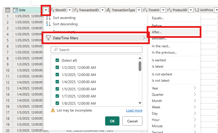 Screenshot of the Date column filter menu with the new filter applied to the column.