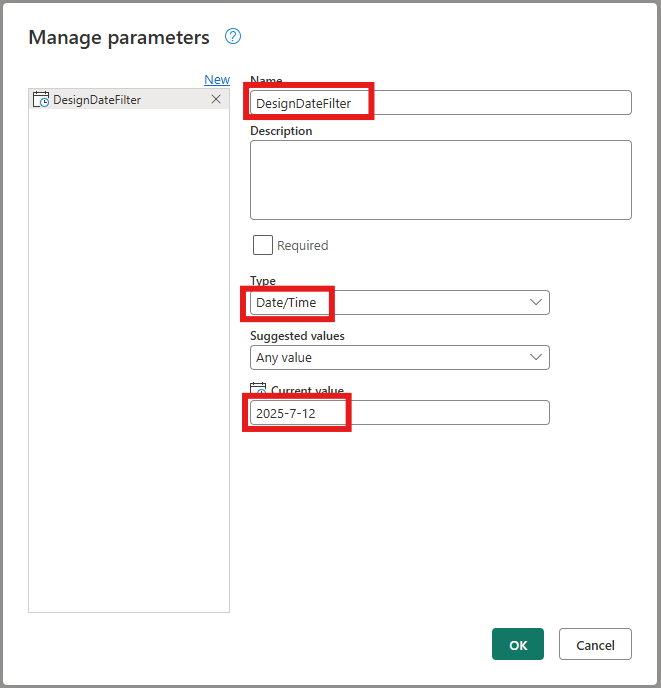Screenshot of the Manage parameters dialog with the Name, Type, and Current value settings emphasized.