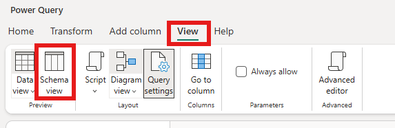 Screenshot of the dataflow editor with the Schema view option emphasized.