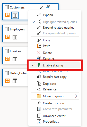 Screenshot showing how to enable staging in Dataflow Gen2.