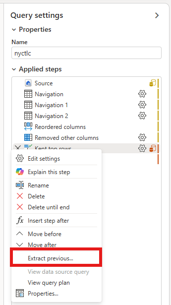 Screenshot of the step's context menu with the Extract previous option emphasized.