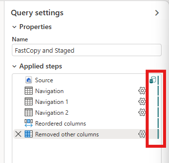 Screenshot of the Applied steps pane with the folding indicators emphasized and all set to green.