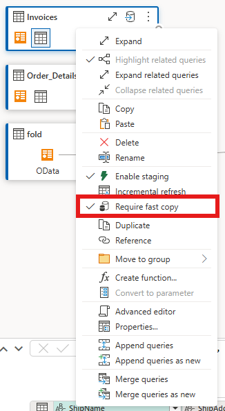Screenshot showing the location of the Require Fast Copy option for Dataflow Gen2.