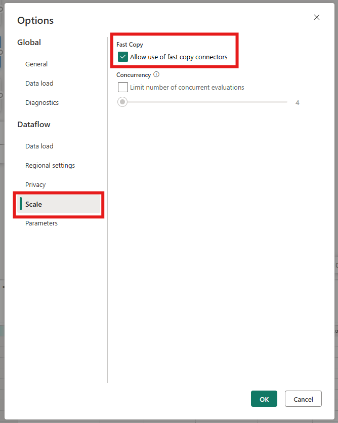 Screenshot of the Options dialog showing the location to enable Fast Copy in Dataflow Gen2.