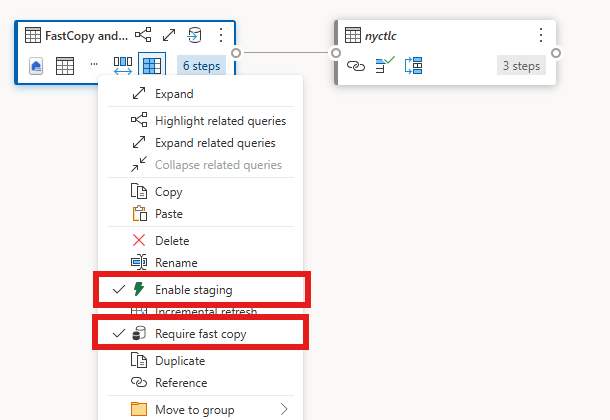 Screenshot of the query context menu with the Enable staging and Fast copy options emphasized.