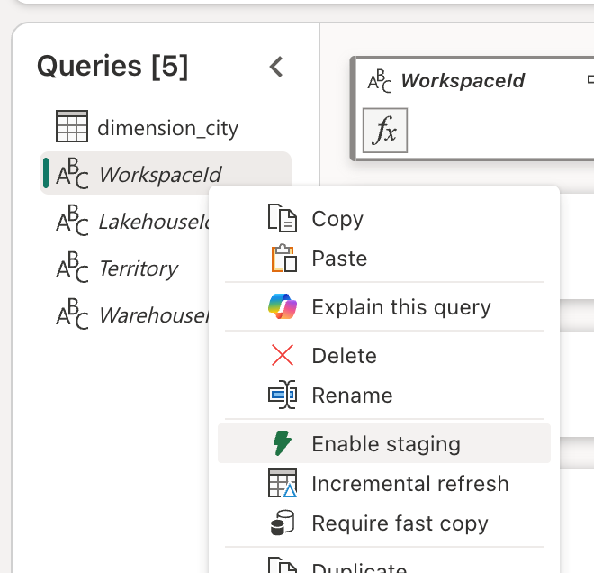 Screenshot of the staging option for a query in its contextual menu.
