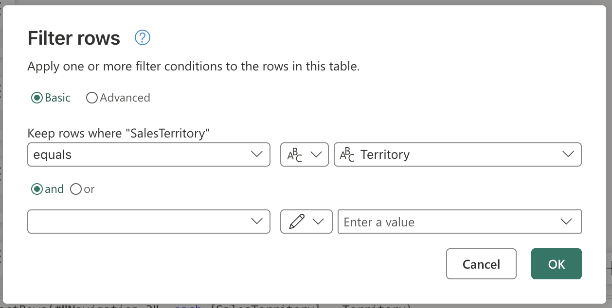 Screenshot of the Territory query selected inside the input widget from the filter rows dialog.