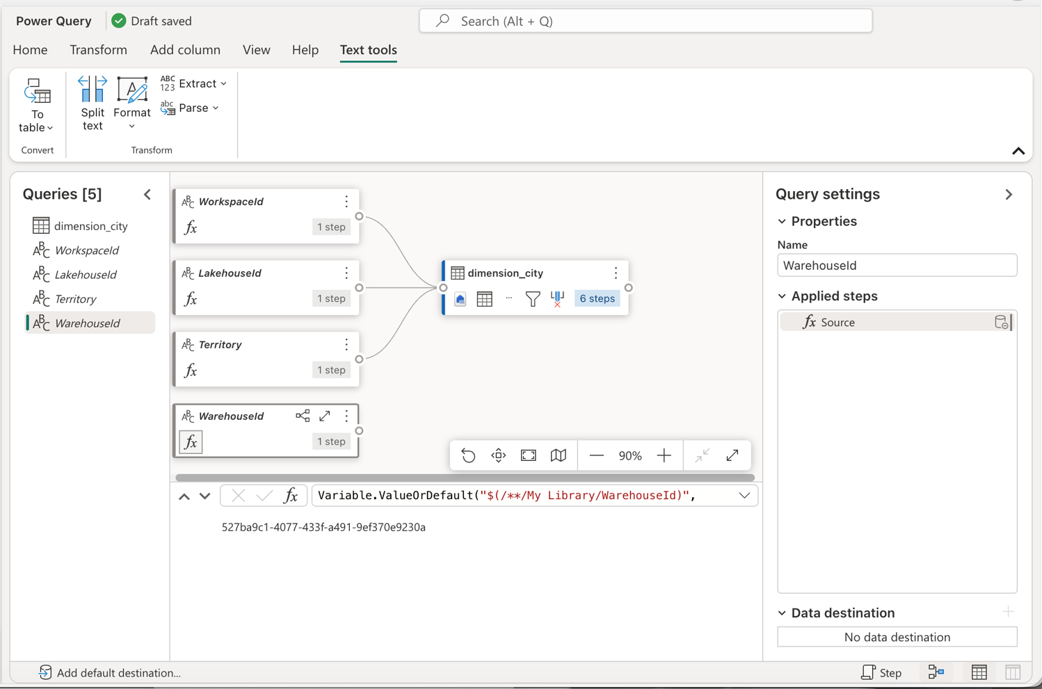 Screenshot of all queries in the dataflow including the newly created WarehouseId query.