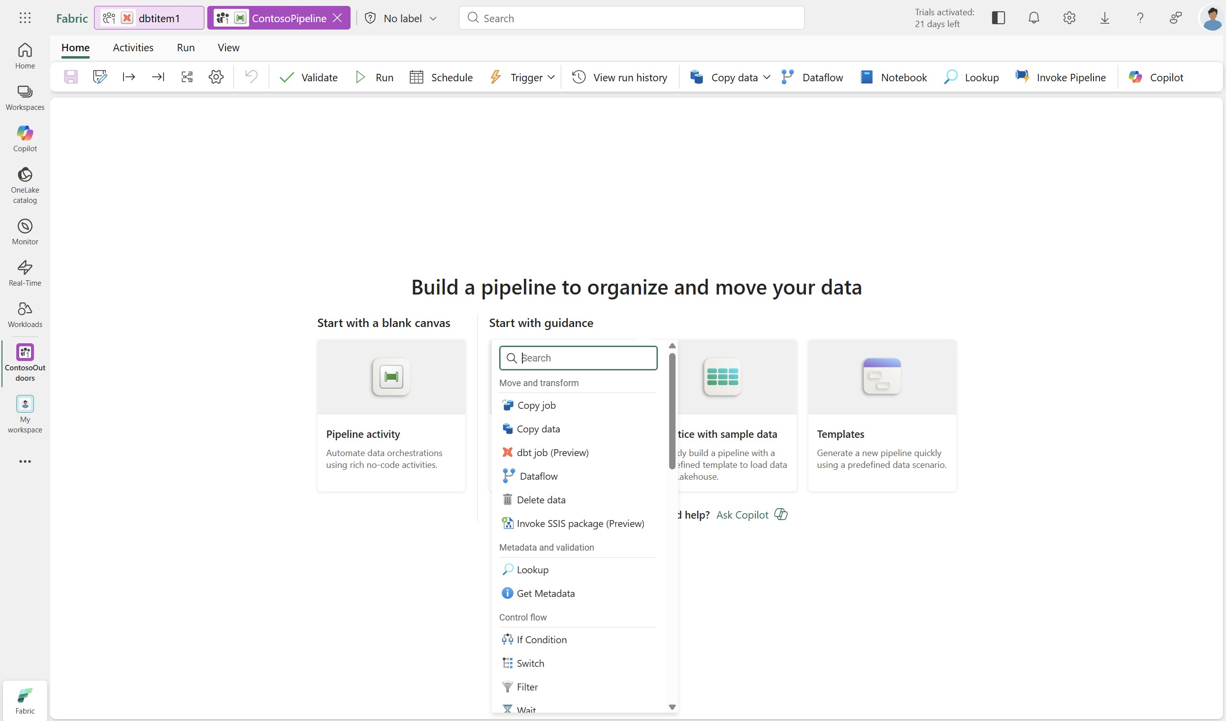 Screenshot showing the dbt job activity added to the pipeline canvas.