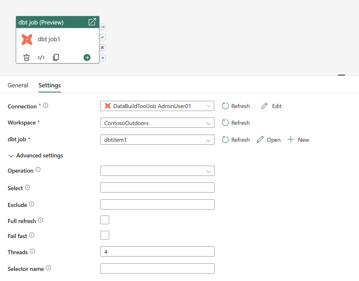 Screenshot showing the full dbt job activity Settings tab.