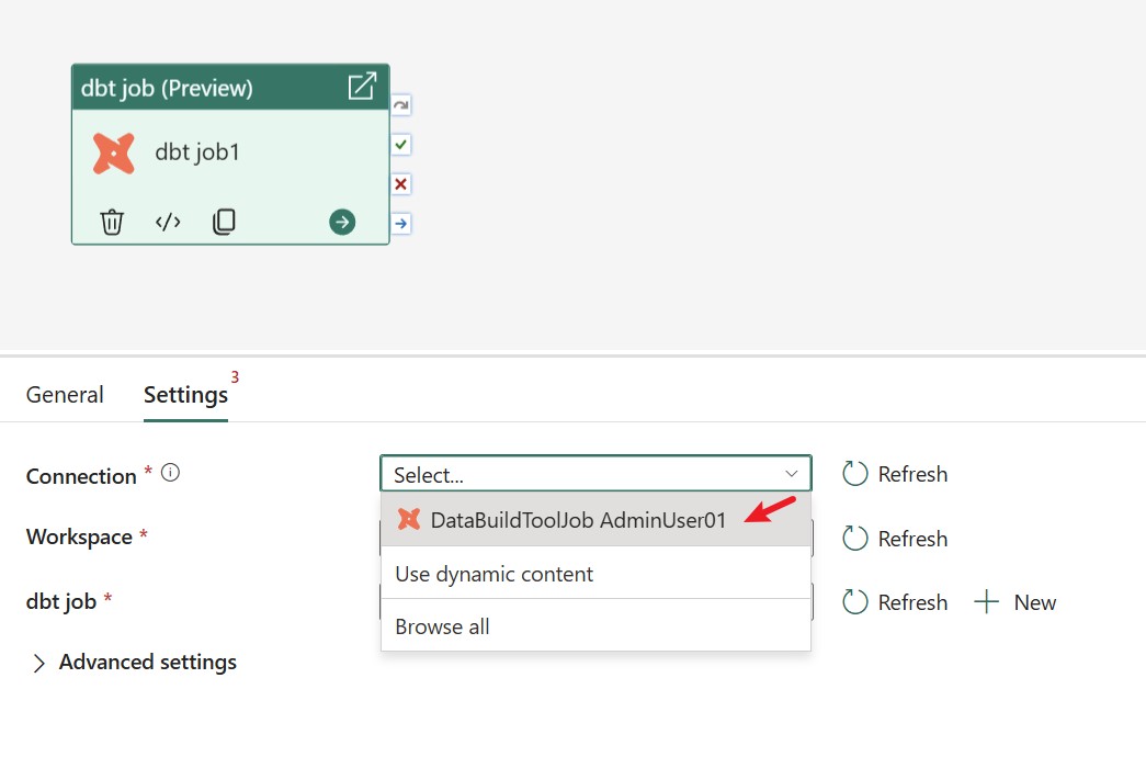 Screenshot showing the Settings tab with the Connection dropdown.