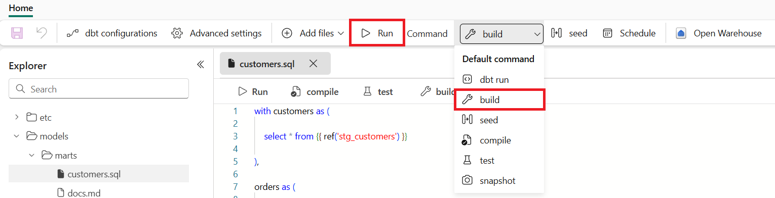 Screenshot showing the Build command and Run command buttons.