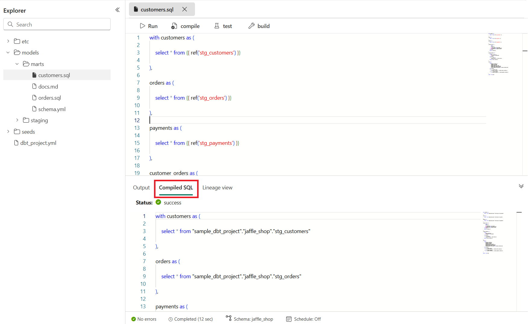Screenshot showing the compiled SQL in the bottom panel.