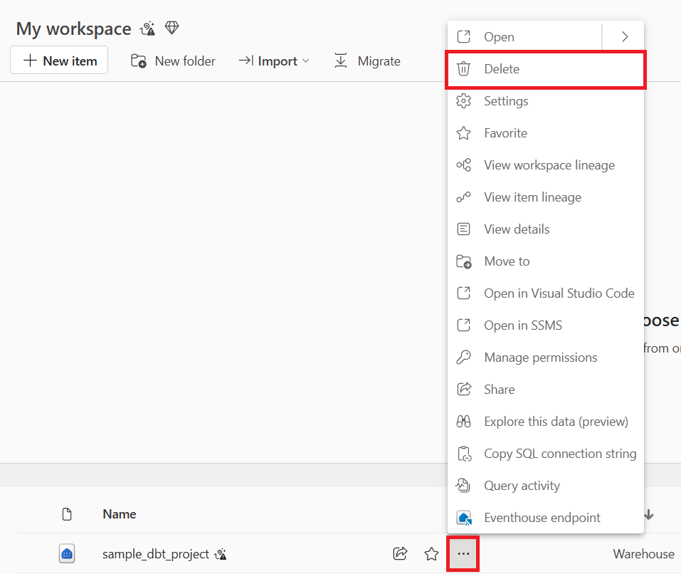 Screenshot showing the more options menu to delete the warehouse from your workspace.