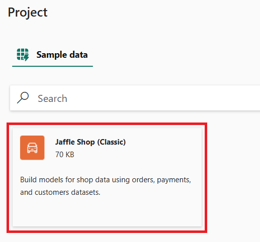 Screenshot showing the Jaffle Shop sample project option.