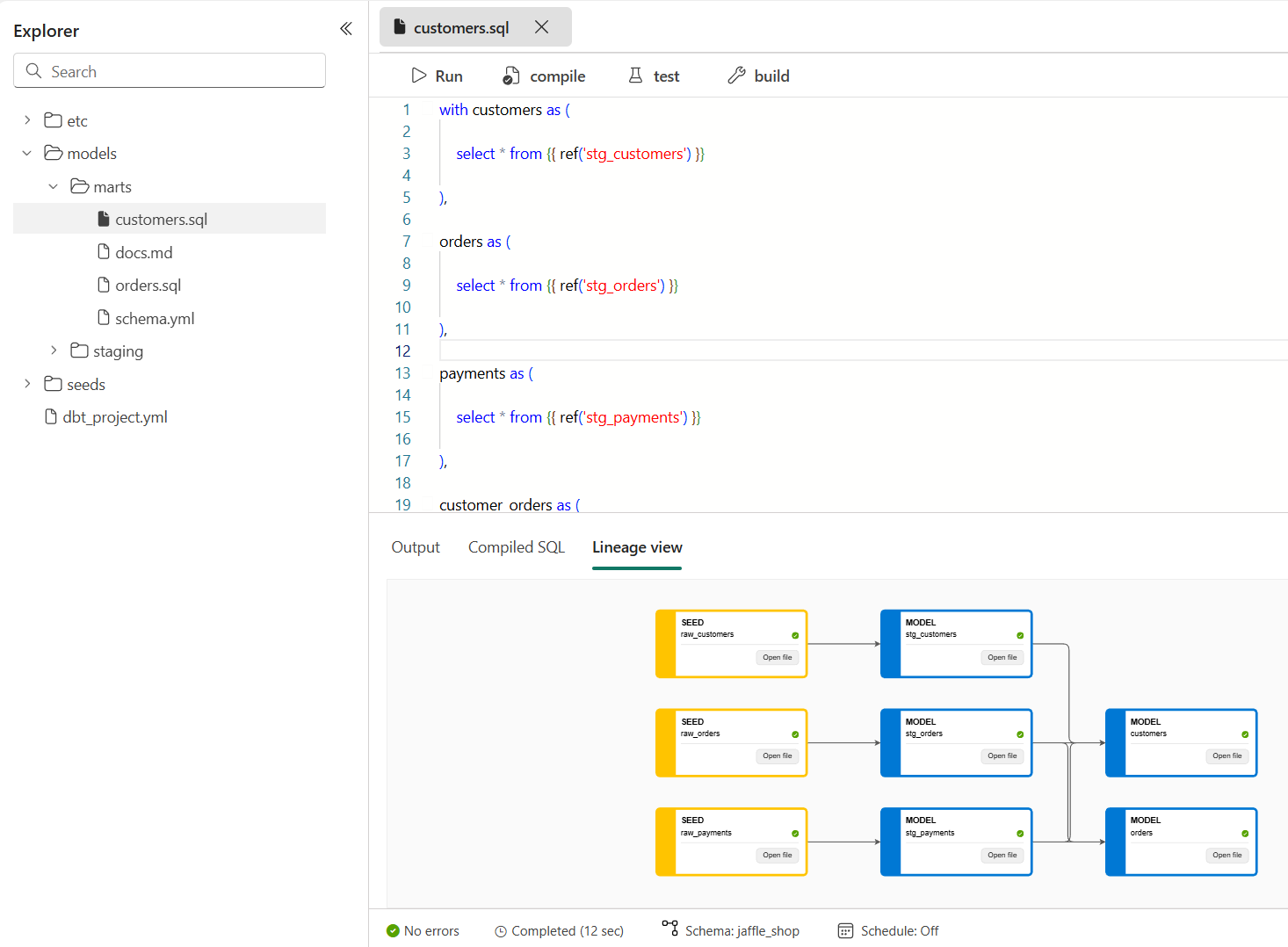 Screenshot showing the lineage view in the bottom panel.