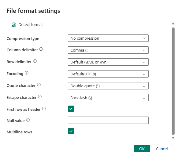 Screenshot showing source file format settings.