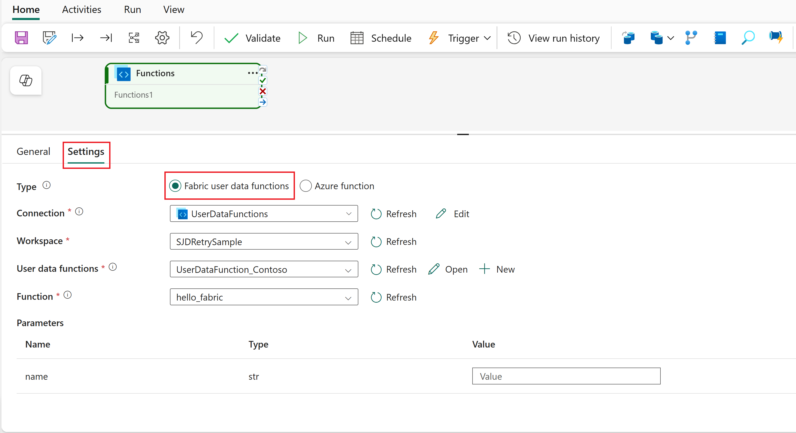 Screenshot showing the Settings tab of the Fabric user data functions activity.