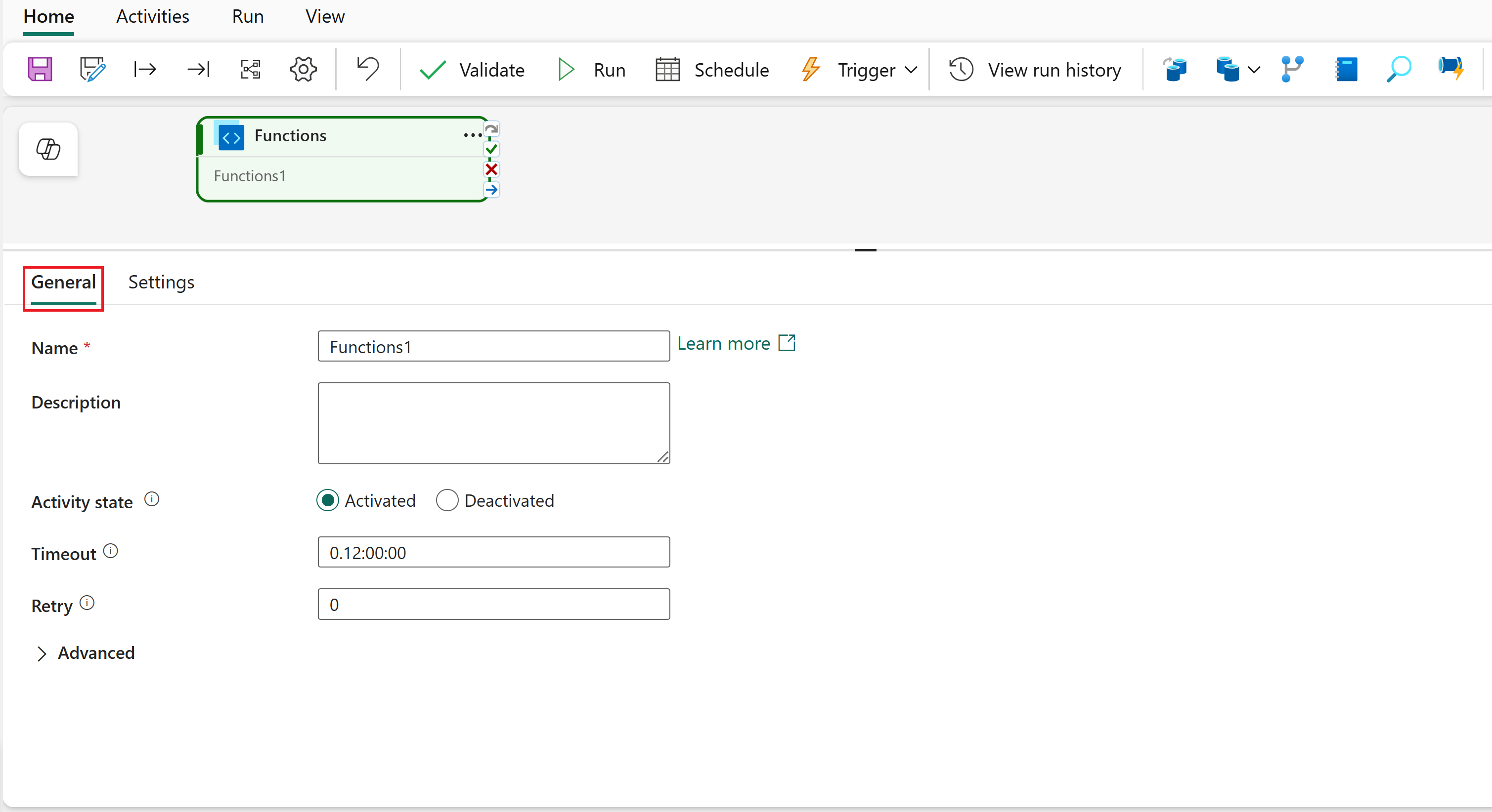 Screenshot showing the General settings tab of the Functions activity.