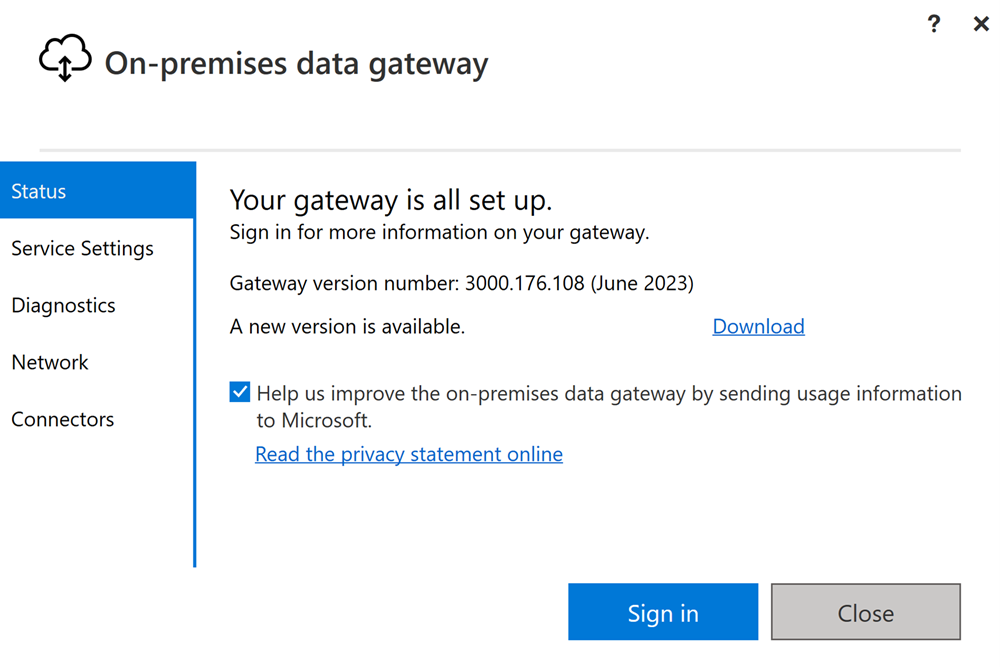 Screenshot showing the on-premises data gateway setup.