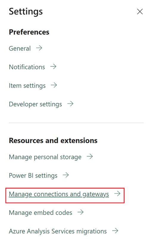 Screenshot showing the Settings menu with Manage connections and gateways highlighted.
