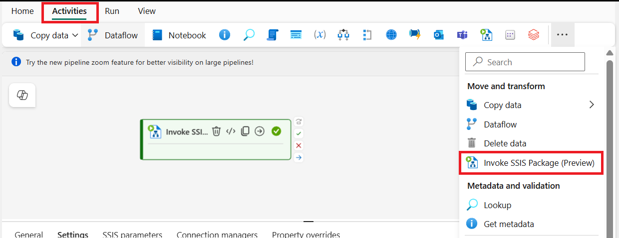 Screenshot showing the Invoke SSIS Package activity on the pipeline canvas.