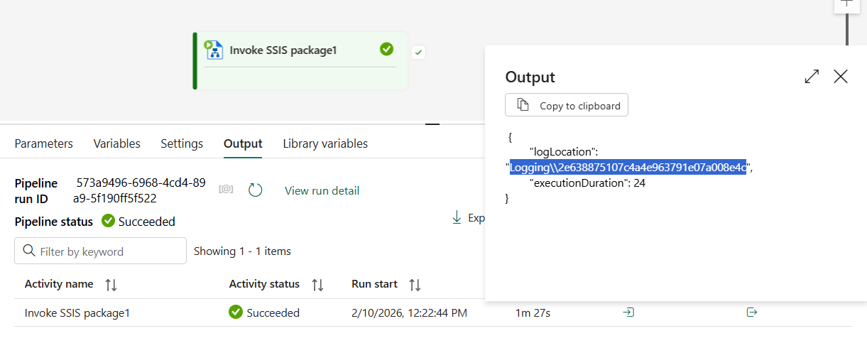 Screenshot showing the monitoring view with the Invoke SSIS Package activity status and logging path.